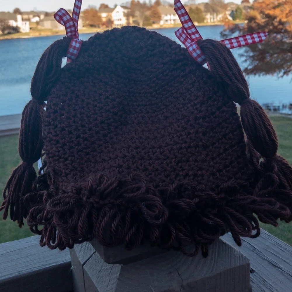 Handmade Crochet Cabbage Patch Kid Wig Hat –‎ Brown Yarn, Loopy Bangs